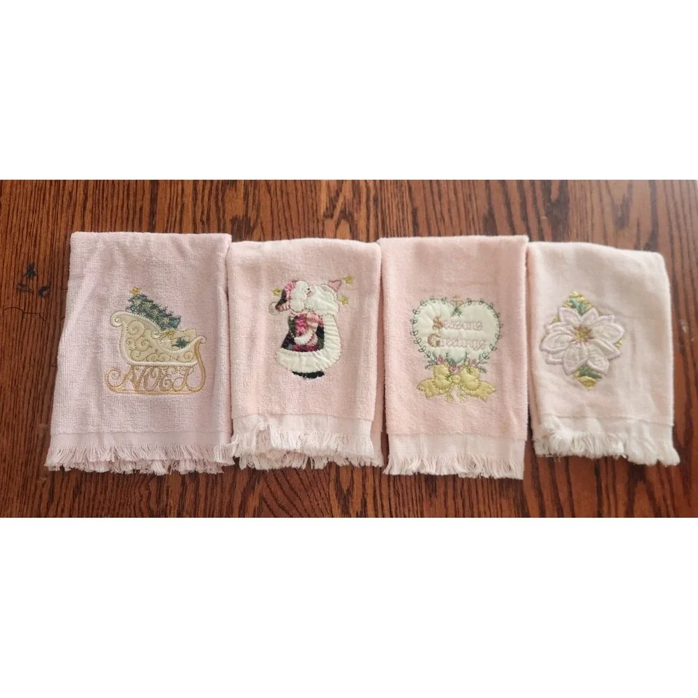 Set Of Four Pink Royal Terry Embroidered Christmas Hand Towels Made In Taiwan
